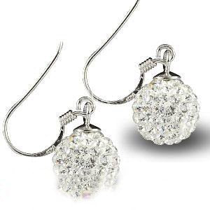 8MM Bling WHITE Austrian Crystal Pave Glitter/Disco Ball Shamballa Style Sterling Silver Dangly/Dangle Drop Hook Earrings for Women/Teenage/Girls - 925 Sterling Silver
