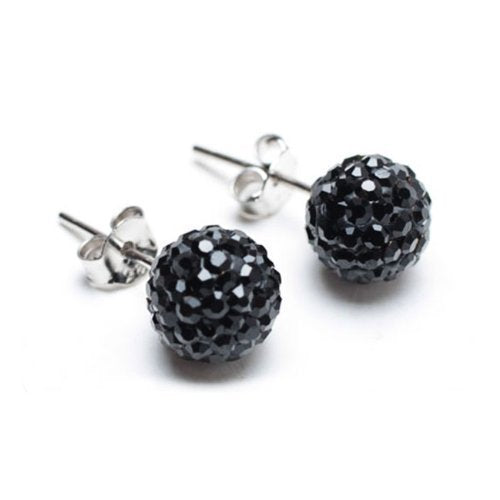 8MM Sparkly BLACK Disco Ball Shamballa Style Sterling Silver Stud Earrings - Austrian Crystal Earrings