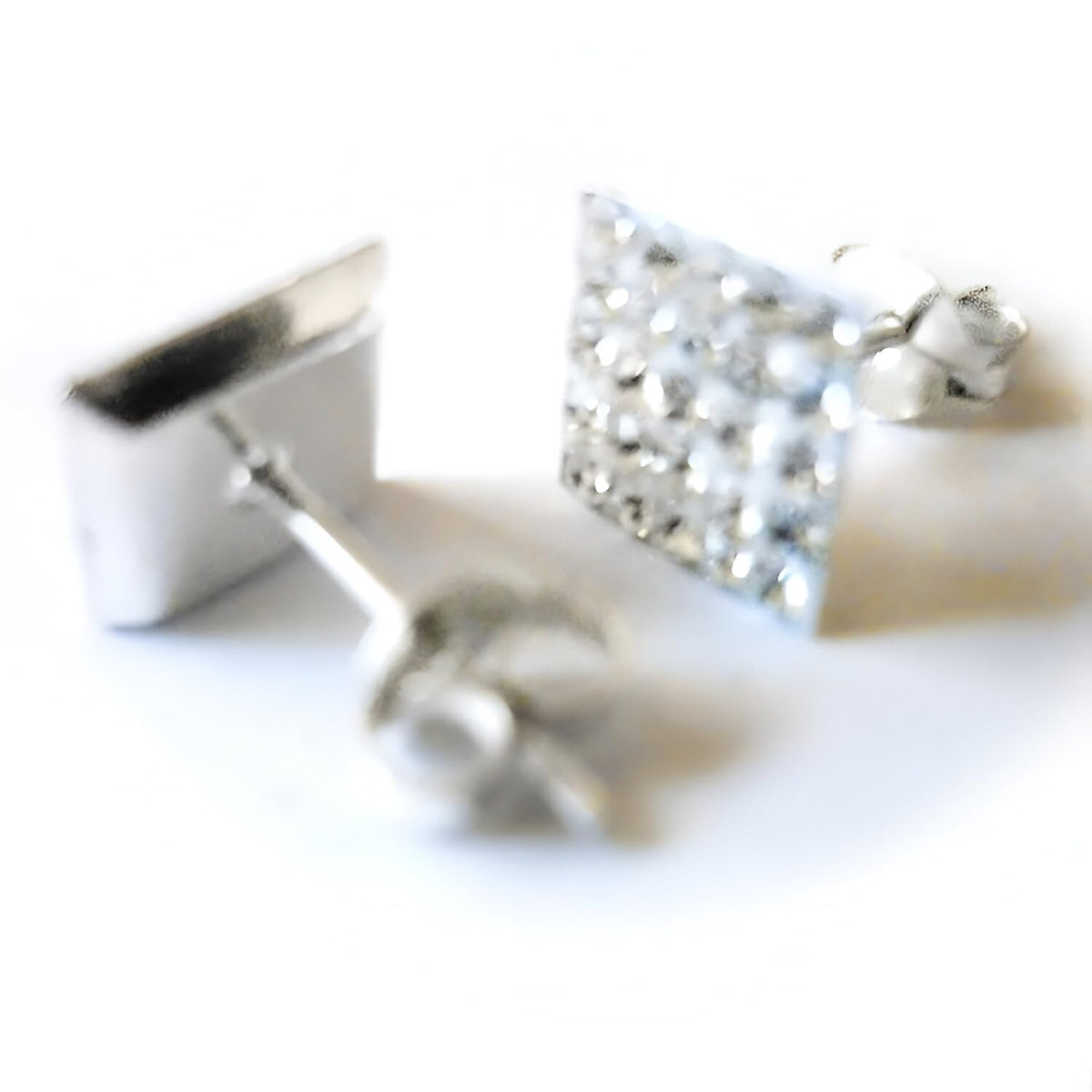 8MM MENS Square Micro Pave Austrian Crystal Sterling Silver Stud Earrings