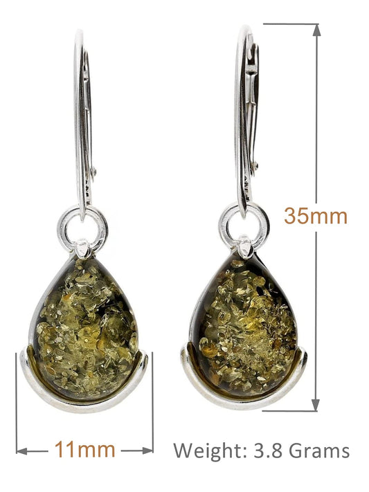 Pear/Teardrop Cut Baltic Amber Lever Back 925 Sterling Silver Earrings for Women/Ladies/Gi ##green
