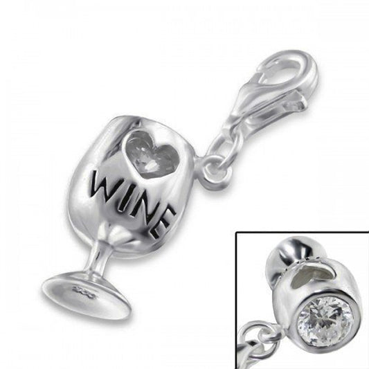 SPARKLY WINE/COCKTAIL GLASS CZ Set Sterling Silver Clip-On Clasp Charm for Women Ladies Gi ##diamond-white