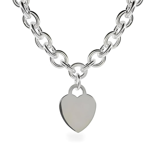 18" Inch Heart or Round Charm Tag Sterling Silver Plated Necklace for Women/Teenager/Girls on 18" Inch / 45cm Chain - Chunky Belcher Link Necklace with Charm Tag