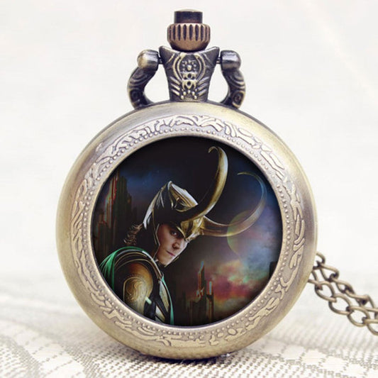 Loki Antique Bronze Effect Retro/Vintage Case Men's Quartz Pocket Watch Necklace - On 32" Inch / 80cm Chain