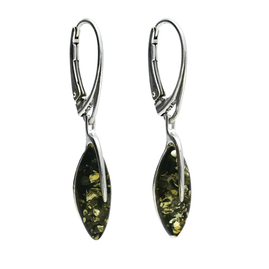 Amber Sterling Silver Earrings - Leaf Design Green Amber Fancy Dangly Drop - for Amber Jewellery Lovers 070174