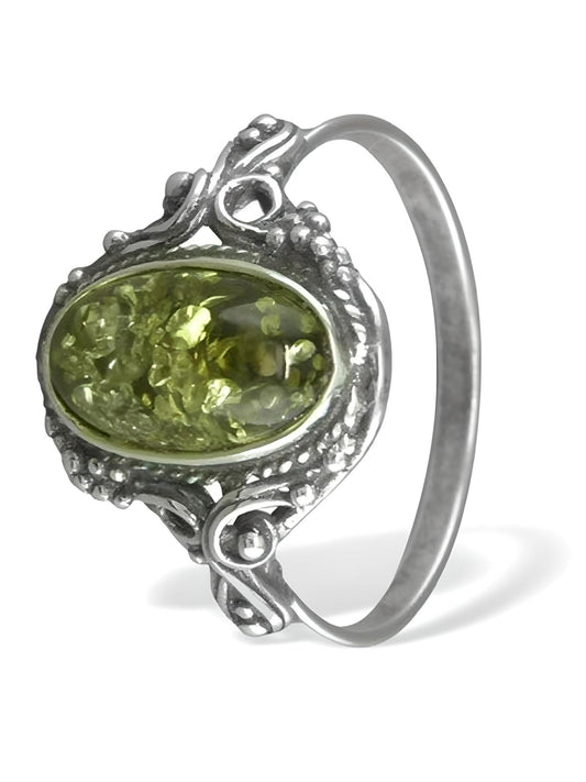Vintage Oval Baltic Amber Sterling Silver Ring in Ornate Victorian Setting for Women Ladie ##green
