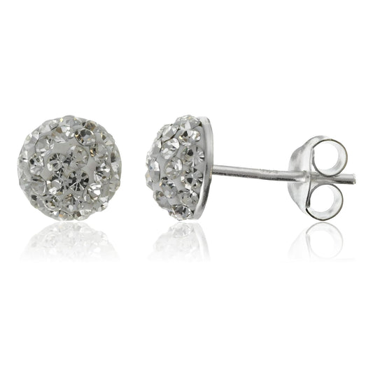 8MM Sparkling White/Clear Austrian Crystal Pave Half Dome Glitter/Disco Ball Stud Earrings/Ear Studs for Women Ladies Girls - 925 Sterling Silver