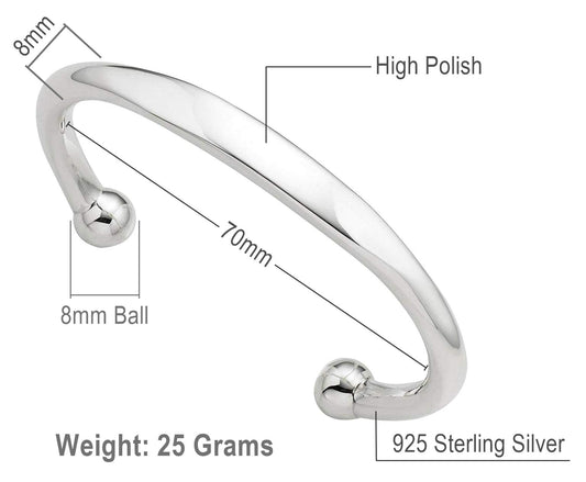 MENS Sterling Silver Solid Torque/Torc ID Cuff Bangle - 925 Sterling Silver - Engravable Double Ball Cuff Bracelet for Men Teenagers