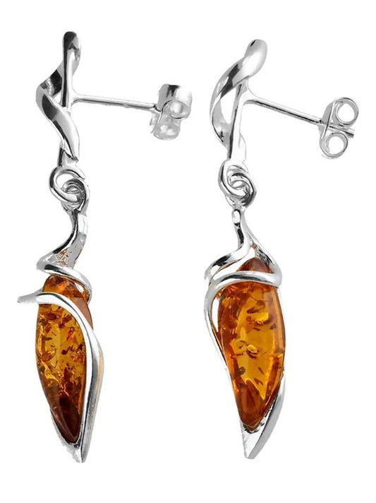 Sterling Silver Fancy Baltic Honey Dangly/Dangle Drop Amber Earrings for Women/Ladies/Girls - 925 Sterling Silver - Unusual Marquise-Shaped Cognac Amber Jewellery 070435