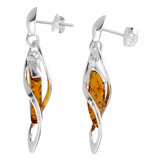 Cognac Amber In Twisted Helix Art Deco Fancy Dangly/Dangle Drop Silver Earrings for Women/Teenage/Girls - 925 Sterling Silver - 7mm W X 37mm H - Weight: 3.0 Grams. 080434