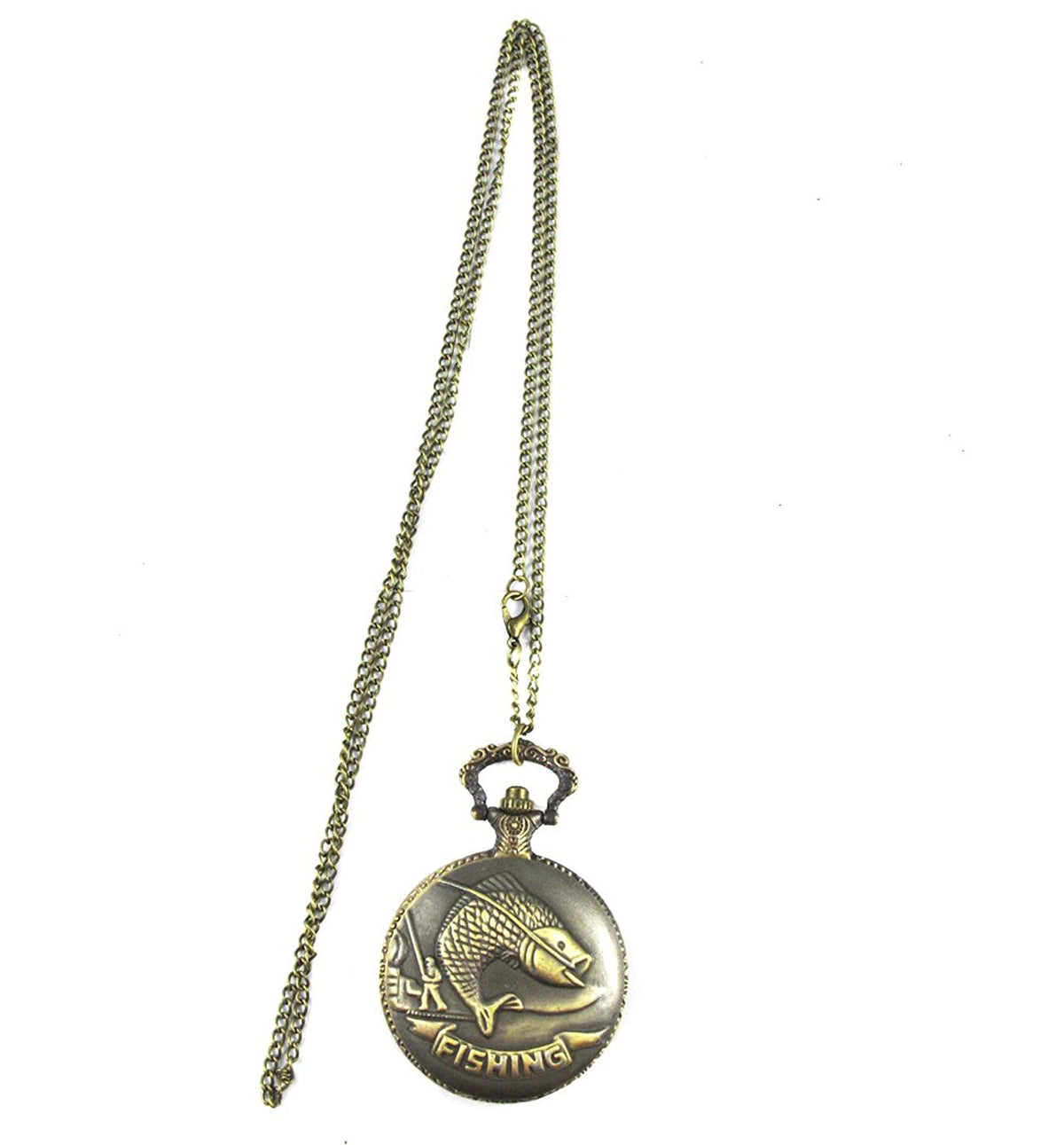 Fishing/Angling 3D Brushed Bronze Effect Antiqued/Vintage Case Men's Quartz Pocket Watch Necklace - On 32" Inch / 80cm Chain