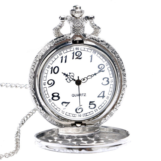 Gold Tone STEAM Train/Locomotive Engine with Ornate Border3D Polished Silver Finish Antiqued/Vintage Case Men's Quartz Pocket Watch Necklace - On 32" Inch / 80cm Chain