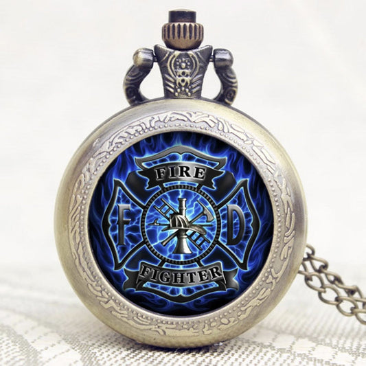 Blue Fireman/Firefighter Bronze Effect Antiqued/Vintage Case Men's Quartz Pocket Watch Necklace - On 32" Inch / 80cm Chain