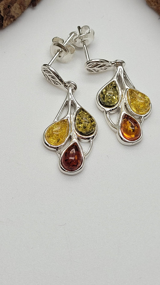 Mixed Amber Leaf Design Fancy Dangly/Dangle Drop Silver Earrings for Women/Teenage/Girls - 925 Sterling Silver - Mixed Orange Yellow & Green Amber - 11mm W X 29mm H. 070386