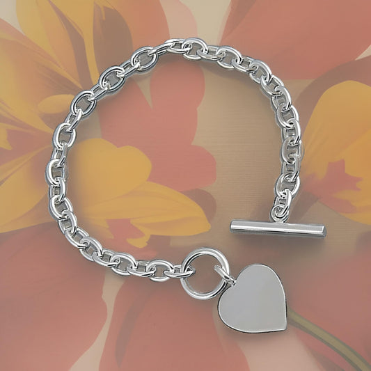 Heart Charm Tag Sterling Silver Bracelet with Toggle Clasp for Women/Teenager/Girls - Chunky Belcher Link Bracelet with Heart Tag - Engravable