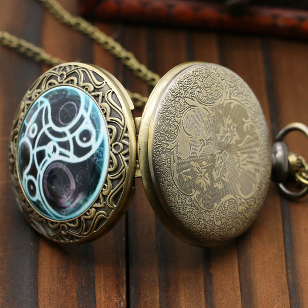 DR WHO Luminous Blue Gallifrey Timelord Seal Bronze Effect Retro/Vintage Case Full Hunter Mens/Boys Quartz Pocket Watch Necklace - On 32" Inch / 80cm Chain