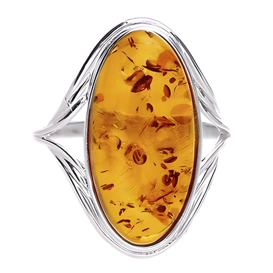 Oval Cognac Amber Sterling Silver Ring With Ribbed Shoulders - Orange Brown Amber Jewellery – Sizes L-R Available