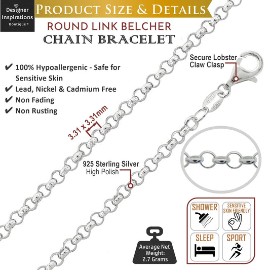 925 Sterling Silver 3.3 mm Wide Round Link Belcher/Rolo Chain Bracelet for Women Ladies Girls - Ideal Charm Bracelet for Clip-On Charms - 7.5 Inch/8 Inch