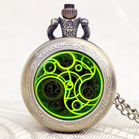 DR WHO Luminous Green Gallifrey Timelord Seal Bronze Effect Retro/Vintage Case Full Hunter Mens/Boys Quartz Pocket Watch Necklace - On 32" Inch / 80cm Chain