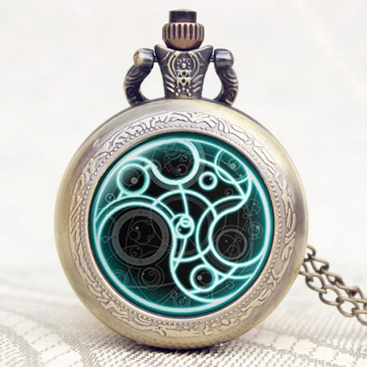 DR WHO Luminous Blue Gallifrey Timelord Seal Bronze Effect Retro/Vintage Case Full Hunter Mens/Boys Quartz Pocket Watch Necklace - On 32" Inch / 80cm Chain