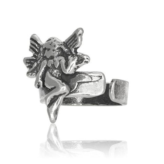 Small Winged Fairy/Angel On Band Middle Inner Ear Cuff Clip-On Earring - 925 Sterling Silver