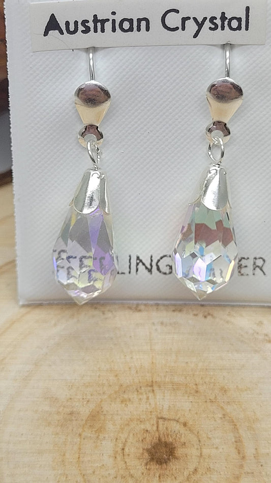 24MM WOMENS Sparkly Rainbow AURORA AB Pear/Teardrop Cut Austrian Crystal Dangly/Dangle Drop Fishhook Earrings - 925 Sterling Silver