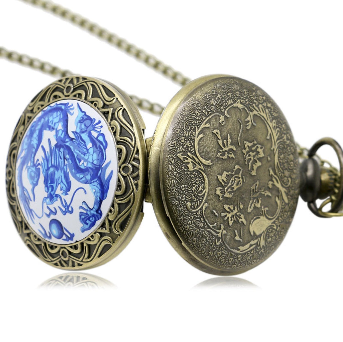 Blue Chinese Dragon with Ornate Border Bronze Effect Antiqued/Vintage Case Men's Quartz Pocket Watch Necklace - On 32" Inch / 80cm Chain
