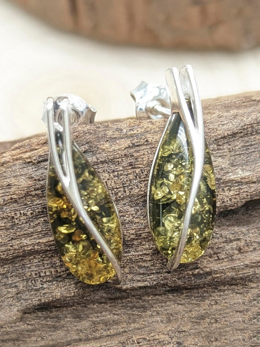 Small Teardrop Cut Baltic Amber Sterling Silver Drop Stud Earrings for Women Ladies Girls ##green-amber