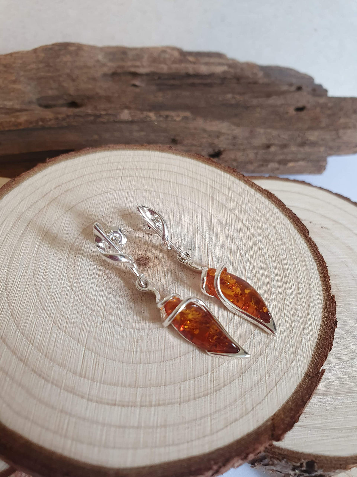 Sterling Silver Fancy Baltic Honey Dangly/Dangle Drop Amber Earrings for Women/Ladies/Girls - 925 Sterling Silver - Unusual Marquise-Shaped Cognac Amber Jewellery 070435
