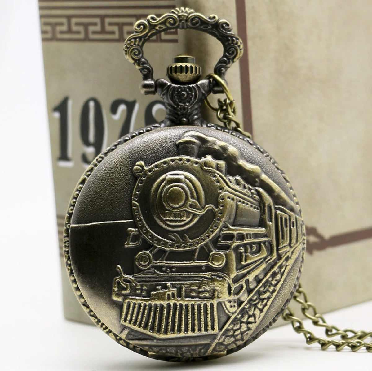 STEAM Train/Locomotive Engine Themed 3D Bronze Effect Men's Quartz Pocket Watch Necklace -