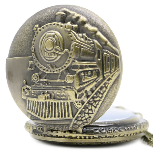 STEAM Train/Locomotive Engine Themed 3D Bronze Effect Men's Quartz Pocket Watch Necklace - ##train-1