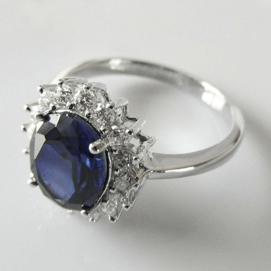 Womens Sterling Silver Blue Synthetic Sapphire & White Cubic Zirconia (CZ) Oval Cluster En ##l,m,n,o,p,q,s