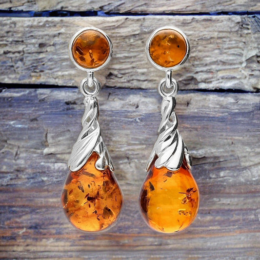 Fancy Twisted Swirl Baltic Honey Cognac Orange Amber Sterling Silver Dangly/Dangle Drop Earrings for Women Ladies Girls - Classic Amber Jewellery. 090015Cc
