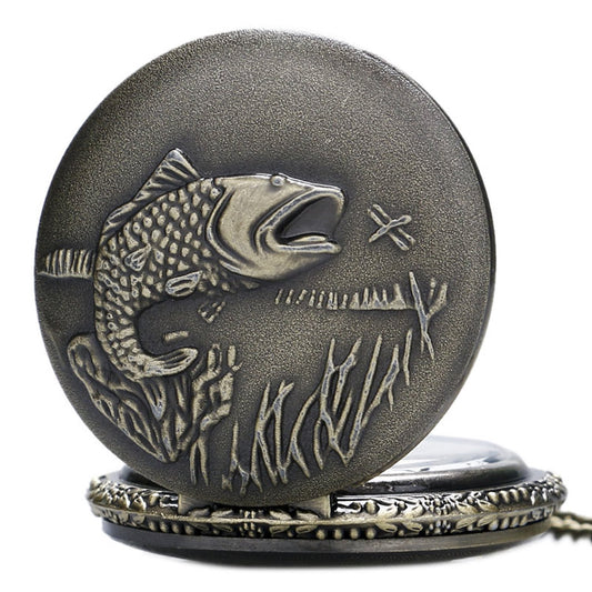 Fish/Fishing/Angling 3D Bronze Effect Antiqued/Vintage Case Men's Quartz Pocket Watch Necklace - On 32" Inch / 80cm Chain