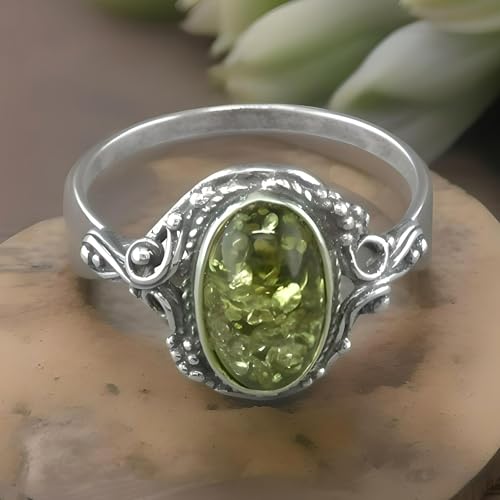 Vintage Oval Baltic Amber Sterling Silver Ring in Ornate Victorian Setting for Women Ladies Girls - Green Amber Jewellery - Size O