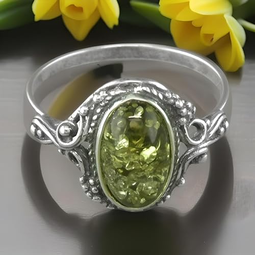 Vintage Oval Baltic Amber Sterling Silver Ring in Ornate Victorian Setting for Women Ladies Girls - Green Amber Jewellery - Size O