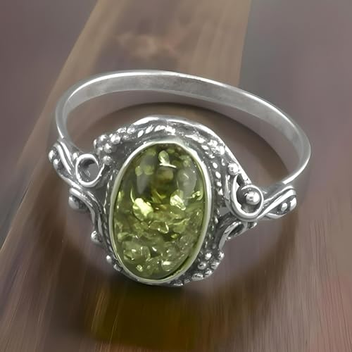 Vintage Oval Baltic Amber Sterling Silver Ring in Ornate Victorian Setting for Women Ladies Girls - Green Amber Jewellery - Size O
