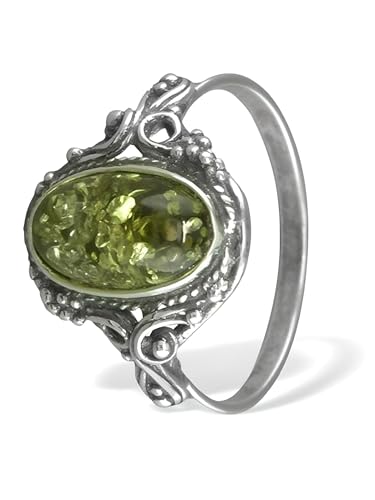 Vintage Oval Baltic Amber Sterling Silver Ring in Ornate Victorian Setting for Women Ladies Girls - Green Amber Jewellery - Size O