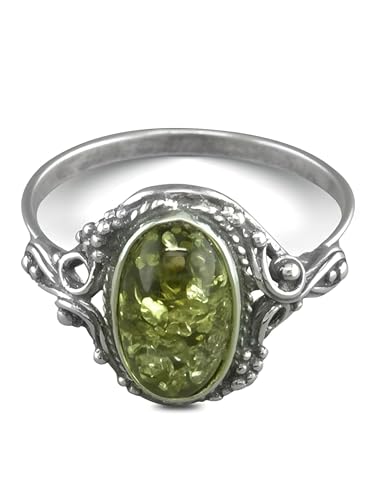 Vintage Oval Baltic Amber Sterling Silver Ring in Ornate Victorian Setting for Women Ladies Girls - Green Amber Jewellery - Size O