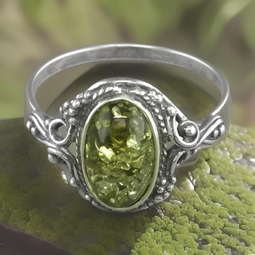 Vintage Oval Baltic Amber Sterling Silver Ring in Ornate Victorian Setting for Women Ladies Girls - Green Amber Jewellery - Size O