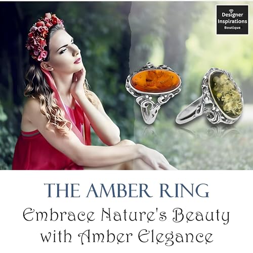Vintage Oval Baltic Amber Sterling Silver Ring in Ornate Victorian Setting for Women Ladies Girls - Green Amber Jewellery - Size Q