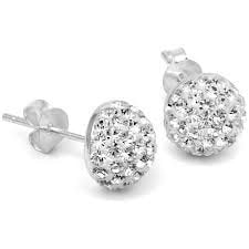 10MM WHITE Austrian Crystal Half Sparkly Pave Glitter/Disco Ball Sterling Silver Stud Earrings/Ear Studs for Women Ladies Girls - 925 Sterling Silver