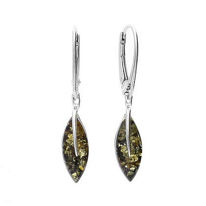 Amber Sterling Silver Earrings - Leaf Design Green Amber Fancy Dangly Drop - for Amber Jewellery Lovers 070174