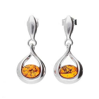 Oval Amber Sterling Silver Drop Earrings - Long Fancy Dangly/Dangle Drop Earrings with Stud Fastening - For Amber Jewellery Lovers. 080183