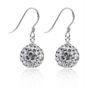 8MM Bling WHITE Austrian Crystal Pave Glitter/Disco Ball Shamballa Style Sterling Silver Dangly/Dangle Drop Hook Earrings for Women/Teenage/Girls - 925 Sterling Silver
