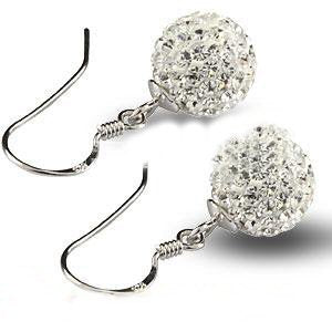 Bling 7MM WHITE Disco Ball Bling Style Sterling Silver Dangly Drop Hook Earrings - Austrian Crystal Earrings