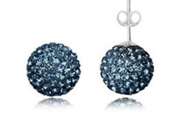 8MM Navy Blue Bling Sparkly Austrian Crystal Round Pave Disco/Glitter Ball Sterling Silver Stud Earrings/Ear Studs for Women Ladies Girls - 925 Sterling Silver