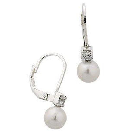 Small Pearl & Princess Cut Cubic Zirconias (CZ) Lever Back Dangly/Dangle Drop Silver Earrings for Women/Teenage/Girls - 925 Sterling Silver