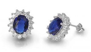 Sapphire & Diamond CZ Sterling Silver Stud Earrings/Ear Studs - Kate Middleton Style