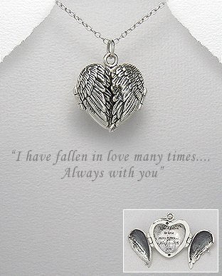 I Have Fallen In Love Many Times. Always With You Message Engraved Sterling Silver Wing Heart Locket Pendant