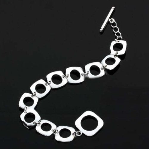Square Cushion Link Bracelet with Toggle/T-Bar Clasp - 7.5" Inches - 925 Sterling Silver Plated